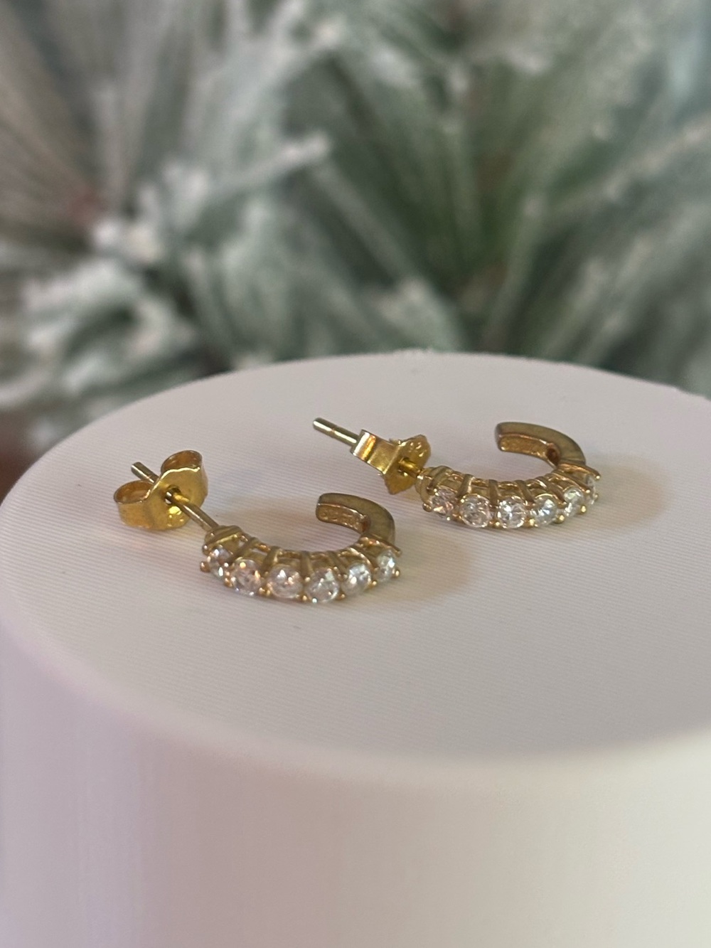 Sterling Silver Gold Plated Huggie Earrings CZ Stone Accents 0.4" Small Hoops